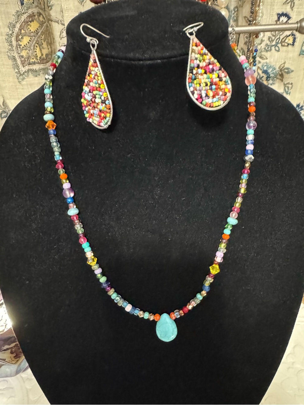 Boho Beaded “Candy” Necklace with Turquoise Pendant and Matching Earrings